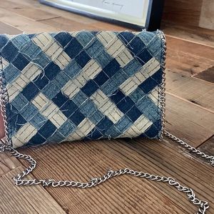 Mixed denim colors crossbody bag! Very trendy, long silver strap